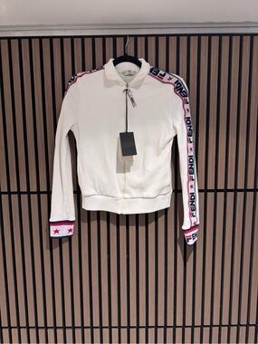 💯 Fendi white Bomber Jacket with Logo Tape and Red Star Accents